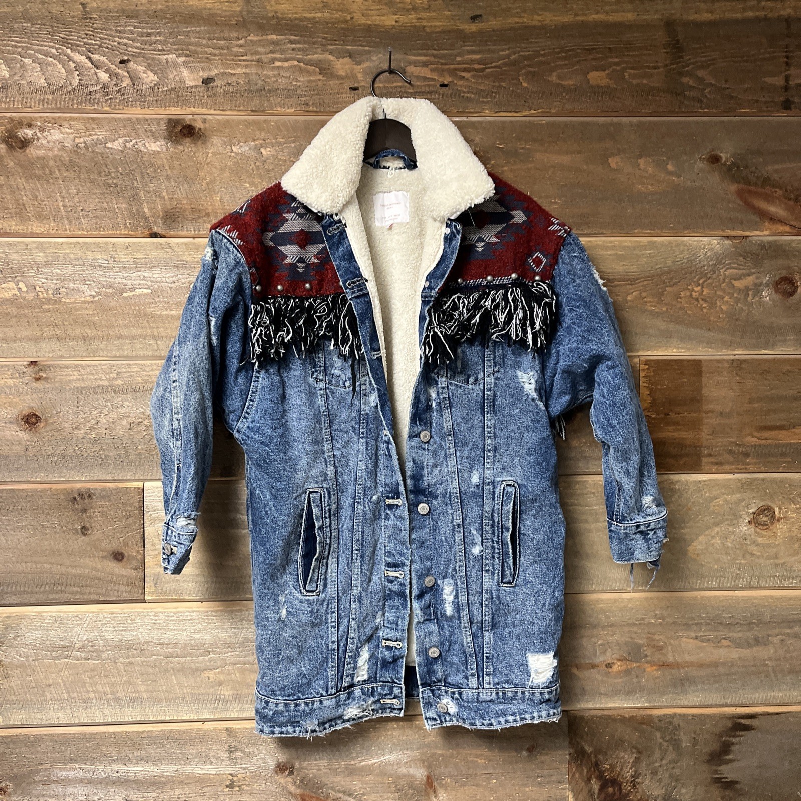 Zara trafaluc Denim Western Jacket Coat Aztec Sherpa Lined Fringe Tribal Small