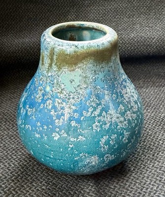 Vintage Crystalline Glaze Studio Pottery Vase Turquoise Blue Gold Starburst 5''