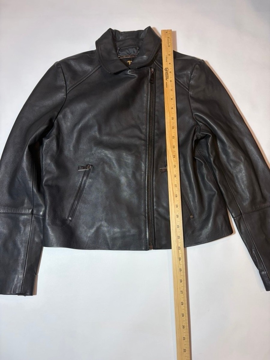 のん Ted Baker Womens Black Leather Jacket Moto Minimal Zip Cropped