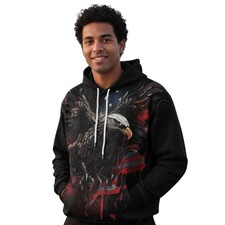 3D Eagle Graphic Hoodie Black Red Patriotic Flag Print Men  s Size L