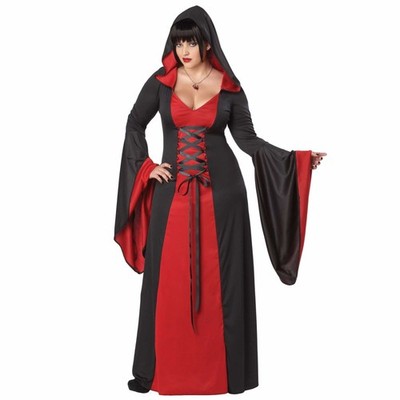 Deluxe Kapuzen Gewand Roter Teufel Vampirin Mittelalter Gothic Damen Kostüm Plus