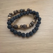 Stretch Bracelets In Light And Dark Wood And Lava Beads, Set Of 2, 7.5  