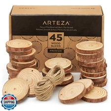 ARTEZA Natural Wood Slices, 2.4-2.8 Inch Diameter, Set of 45, Brown Round Pin