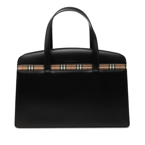 Burberry House Check Trimmed Leather Handbag Pre-Loved Bag Black