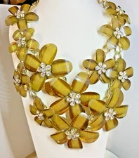 Vintage Kenneth Jay Lane Bib Statement Necklace 2 1/2" Flowers w/Clear Rhineston