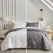 UOZZI BEDDING 3 Pieces Reversible Quilt Set Plaid White & Gray Queen Full Size 8
