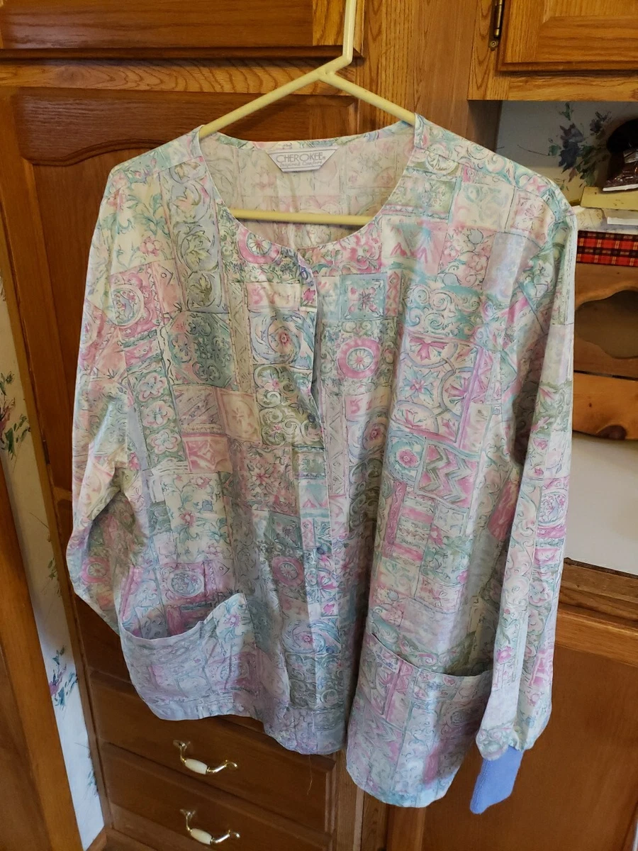 Cherokee Inspired Comfort Medium Lab Coat Floral Pinks Blues purples Greens