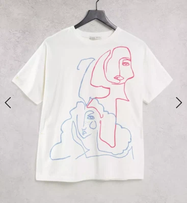 Joli T-Shirt Pull&Bear Coton Blanc avec Jolis Motifs Couleur T.M NEUF+ETQ - Photo 1/4