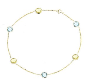 14K Yellow Gold Anklet With Blue Topaz & Lemon Topaz Gemstone Stations 10 Inch