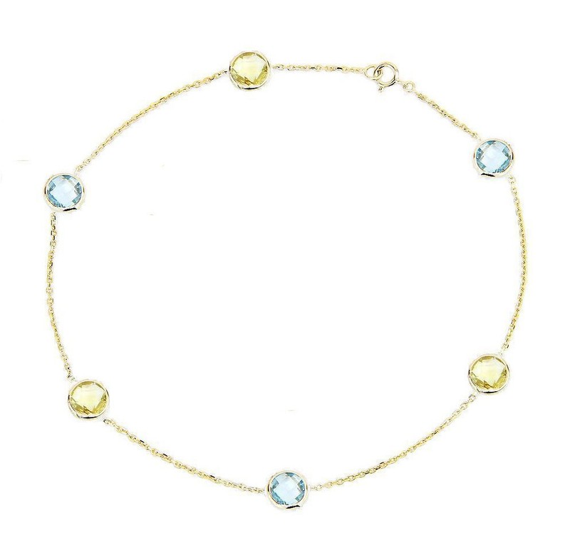 14K Yellow Gold Anklet With Blue Topaz & Lemon Topaz Gemstone Stations 10 Inch