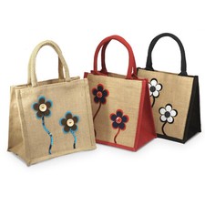 Jute Hessian Lunch Gift Bag / Small Shopper - Decorated Floral Flower Design