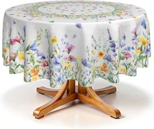 Floral round Tablecloth 60 Inch Spring Summer Blue Pink Yellow Vintage Wildflowe