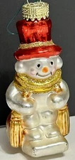 Rare Vintage Set of 2 Snow Boarding Metallic Glass Snowmen Ornaments