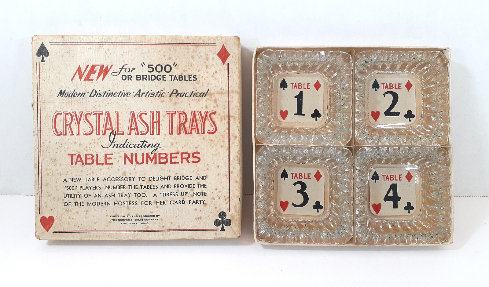 Vintage Ash Trays Bridge Table Crystal Kemper Thomas Set of 4 Made in USA