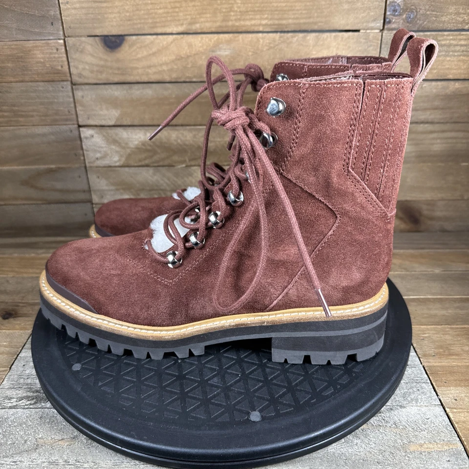 Botín Marc Fisher LTD Lizzie para mujer 7 rojo gamuza cuero con cordones ribete de piel Foto 3 de 4