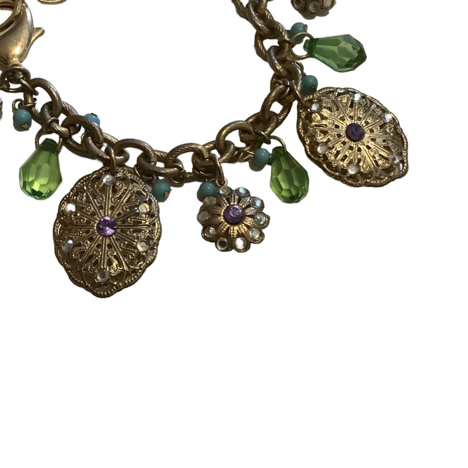 Vintage Floral Charm Bracelet Gold Tone Filagree … - image 2