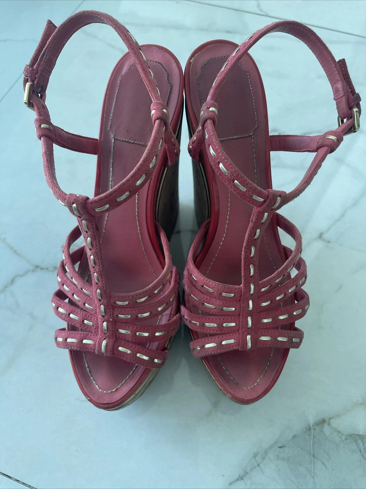 Sandales Christian Dior Antica coin plate forme liège talon daim corail 38