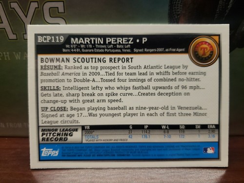 Bowman Chrome 2010 - 1st Bowman Prospects #BCP119 Martin Pérez (RC) Rangers - Imagen 2 de 2