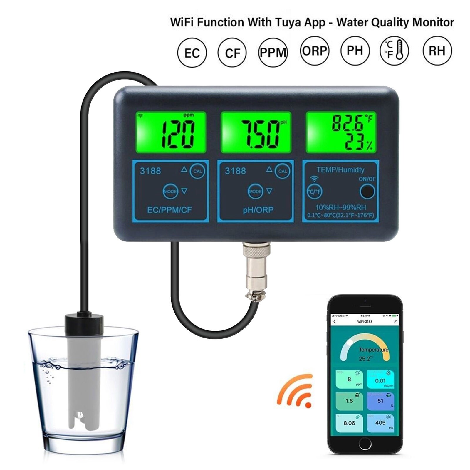 Smart Monitor Fish Tank WIFI SPA Pool Water Quality Meter PH ORP EC PPM Tester