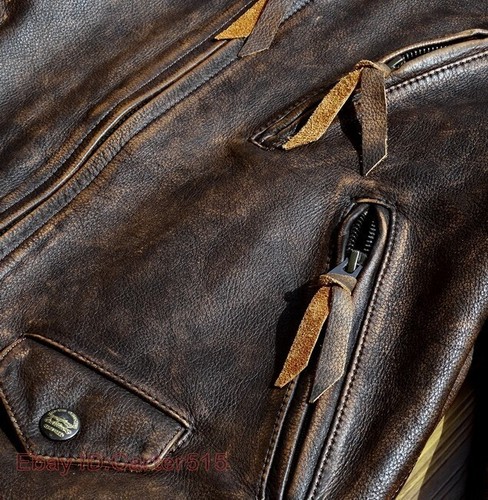 Mens Vintage Style Tea-Core Cowhide Washed Distressed Motorcycle Biker Jacket - Picture 23 of 25