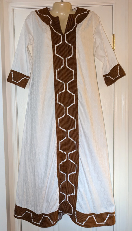 ibu Caftan Kaftan White Brown Trim Long Maxi V Duster Muumuu Tunic EC Artisan