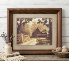 Vintage Framed Cottage Farm Print Rustic Barn Landscape Wood Frame Art