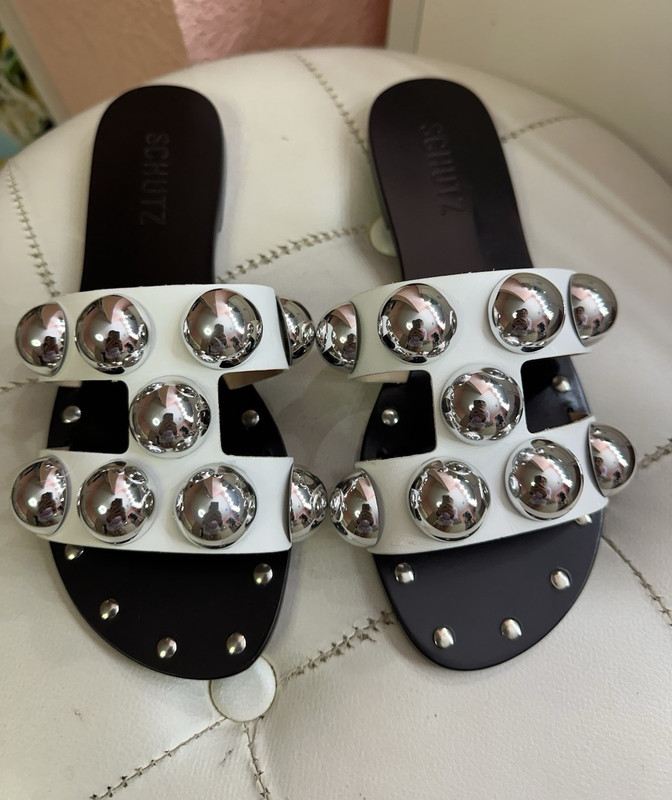 Schutz Women's Studded Slide Sandals White Silver Dark Brown Leather US 6 B