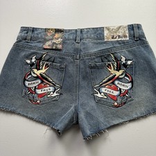 Ed Hardy Women's Bird Denim Shorts Sz 28 Y2K Casual Logo Biker Jean Medium Was