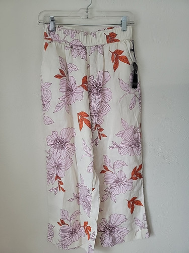 Rachel Roy 100% LINEN Wide Leg Pants Floral Women's S Elastic Waist Pockets