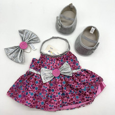 Build A Bear Pink Silver Dot Glitter Bow Satin Candy Dress Shoes Teddy Set NWT