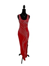 Woman’s Elegant Red Rhinestone Sleeveless Full Length Evening Dress- L