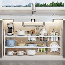 Under Sink Organizer 2 Tier Expandable Heavy Duty Metal Shelf With 5 Removable P