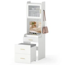 Makeup Vanity w/Flip-top Mirror, Power Outlets & Hidden Storage Stool, Drawers