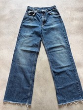 Zara Baggy Wide Leg Loose Fit Jeans Frayed Hem Sz 6 High Rise Dark Wash