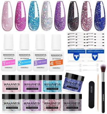 Nail Dip Powder Kit 8 Colors Glitter Purple Galaxy Nails Powder Set with Liqu...