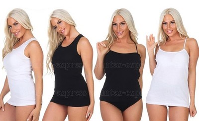 2-8 Damen Tank Top Spaghetti Basic Unterhemd Baumwolle Schwarz Weiss 36/58 S-3XL