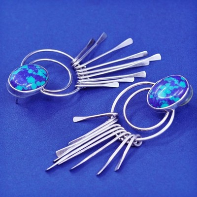southwestern sterling silver handmade earrings, 925 fringe drops oval azurite
