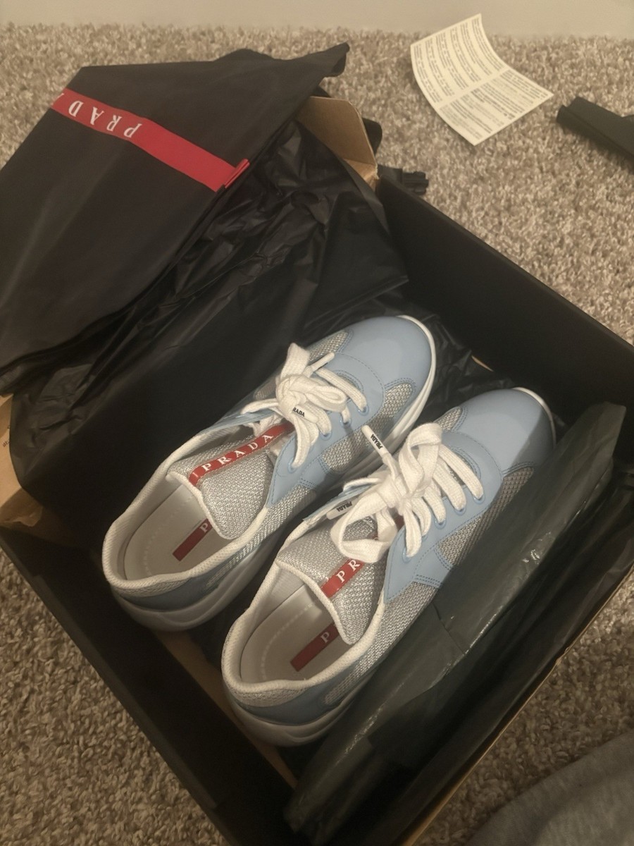 PRADA 6420 Light Blue White Patent Leather Mesh Lace Up Low Top