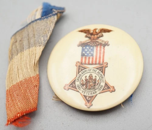 Civil War Veterans' GAR Grand Army Of The Republic Veteran Button Pin & Ribbon