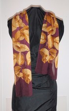 Sheer Autumn Scarf Maroon Gold 13" x 31" Leaves Burgandy Tan Eco-Print Botanical