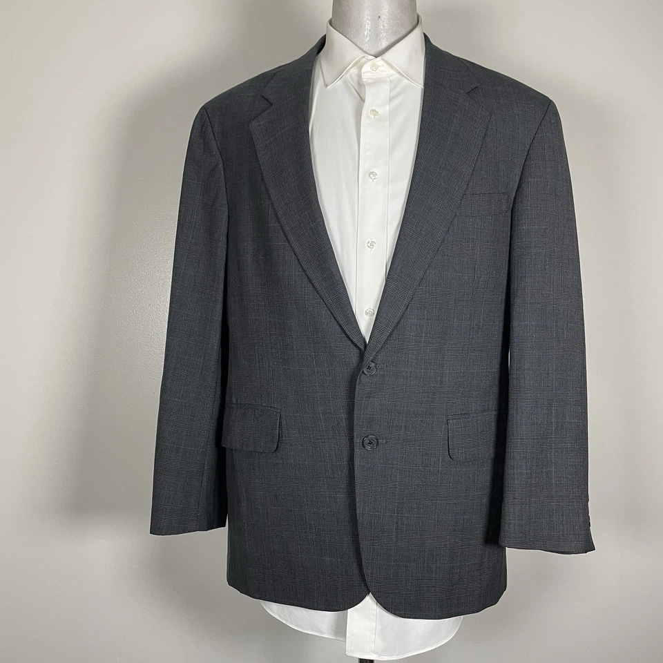 Lands End USA Made Sport Coat Mens 42R Gray Plaid Blue Check Wool Two Buttons - Image 2 of 4