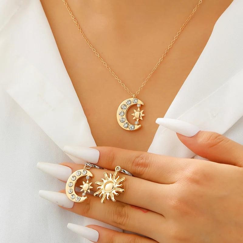 ★期間限定出品　現行品★STAR JEWELRY MOON & SUN Luxury Star Moon Zircon Pendant Earrings Necklace Set Copper