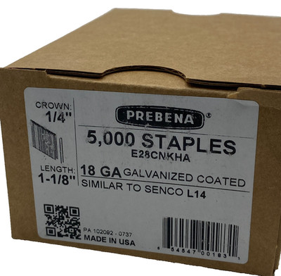 PREBENA E28CNKHA GALVANIZED COATED STAPLES CROWN 1/4'', 18 GA, 5000 STAPLES