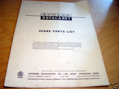 Howard Rotavator Rotacadet Parts List Manual Catalog - Picture 1 of 1