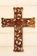 16" Wooden Hand Carved Flower Cross Wall Plaque Relief Panel Hanging Sculpture