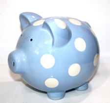 Elegant Baby My First Piggy Bank Pig Money Ceramic Light Blue White Polka Dots
