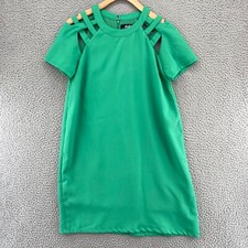 Lulus Dress Womens Medium Green Shift Shoulder Shrug Cut Outs Short Sleeve Mini