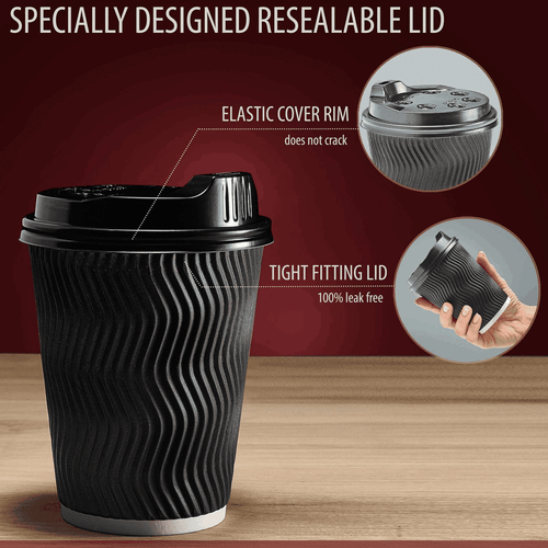 Insulated Disposable Coffee Cups with Lids & Straws 12 oz 100 Packs Black Cups - Picture 4 of 7