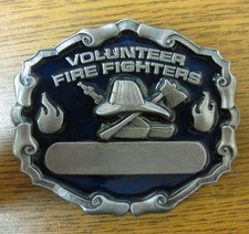 NOS Volunteer Firefighters Logo Belt Buckle Metal Blue Enamel Made in the USA 