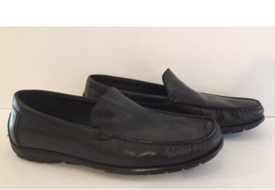 Ecco Leather Loafers Slip On Moccasin Extra Width Black 43 